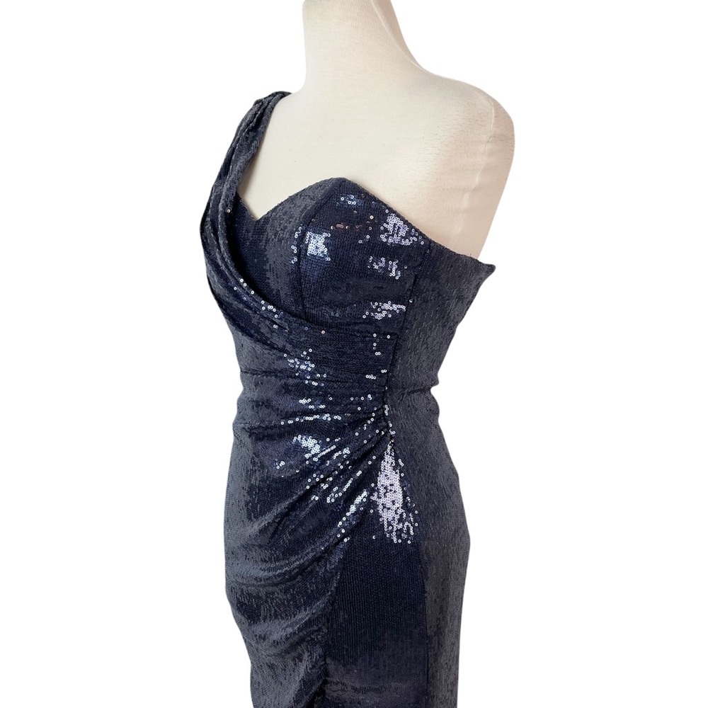 Cache Navy One-Shoulder Sequin Prom Gown - Picture 4 of 16